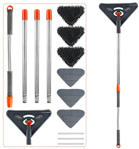 Mopa de suelo con mango largo, giratorio ajustable 360°, fregona triangular con barra telescópica para todos los suelos, techos, sofás, esquinas