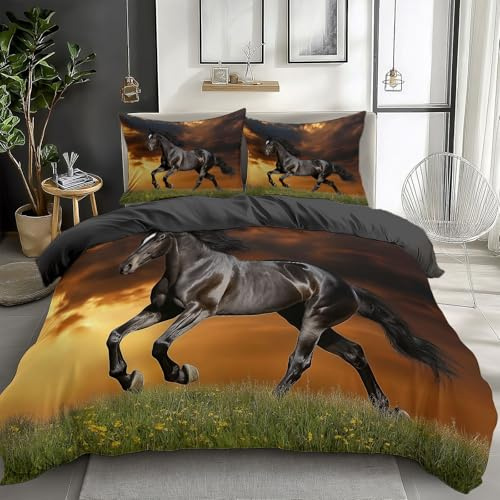 XCQHZYQ Housse de Couette Enfant Réversible 90x190 cm Herbe Animal Cheval Noir Imprimé Parure de Lit en Polycoton Linge de Lit pour Adulte Adolescents Garçons Filles Chambre Décor
