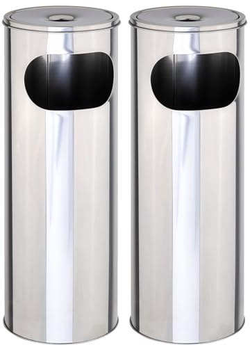 Novaliv 2x Standaschenbecher für draußen Edelstahl Silber 58 cm hoch 21cm Ø 2in1 für Müll- und Zigarettenabfälle outdoor Aschenbecher für draussen stehend Metallsieb Mülleimer mit Aschenbecher Ständer