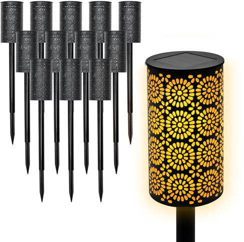 LED Solar Gartenfackel mit Blumen Muster 49 x 7 cm - 12er Set - Wegeleuchte mit realistischem Flammeneffekt - Solarleuchte Gartenlicht Außenleuchte Deko Beleuchtung solarbetrieben für Außen Terrasse