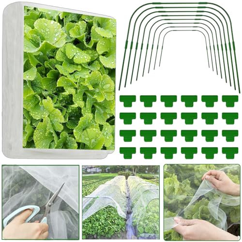 Garden Netting Kit,3X10M Fine Mesh Barrier Netting with 8PCS Garden Hoops ＆ 24 Clips,Bug Netting Raised Beds Row Cover Protect Vegetables Plants Flowers from Pests Insect Bird,Easy Assembly（有专利）