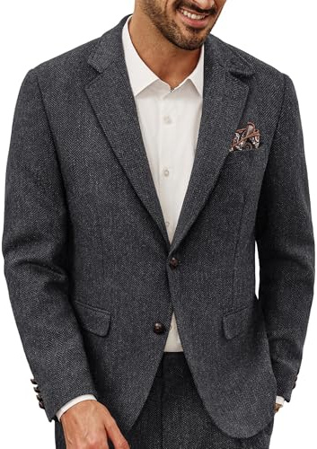PJ PAUL JONES Giacca da uomo in misto lana, blazer casual da uomo, giacca da abito in tweed vintage, Grigio scuro, XL