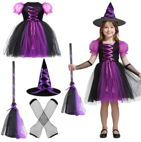 BITOYO Disfraz de Bruja Niña Disfraz Halloween con Tutú, Sombrero, Escoba y Guantes Vestimenta para Carnaval y Fiestas, Niñas 3-12 Años (M)