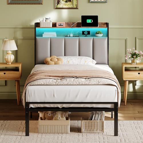 ODK Letto Singolo Tappezzato 90x200 cm con Base Integrata, Testiera con Contenitore, Illuminazione LED e Prese USB/Corrente, Montaggio Facile, Senza Materasso