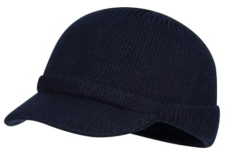 CLAPE Ullbeanie, mössa med skärm, varm, vintermössa, män, stickad mössa, dam, akrylstickad mössa, elastisk, kort brätte hatt, KH25W11-marinblå, one size