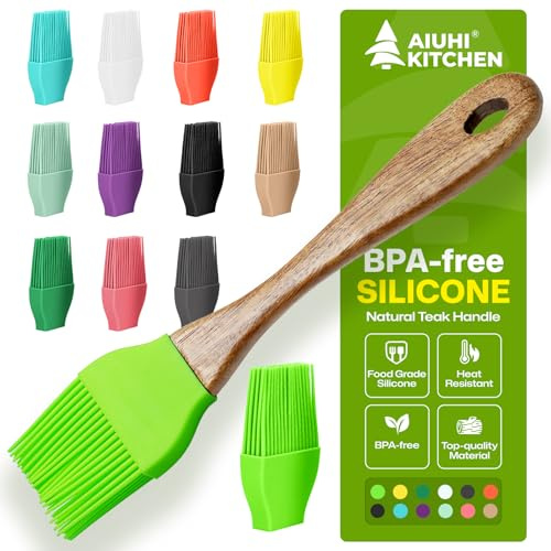AIUHI Basting Brush for Cooking, Silicone Oil Brush with Wooden Handle, Heat Resistant Pastry Brushes with 12 Color Silicone Brush Head