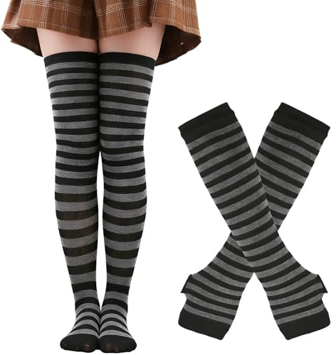 KIRVOS Damen Gestreifte Kniestrümpfe Baumwolle Grau,Gestreifte Warme Fingerlose Handschuhe Kniehohe Socken Set, Ideal für Alltag, Arbeit & Feierlichkeiten