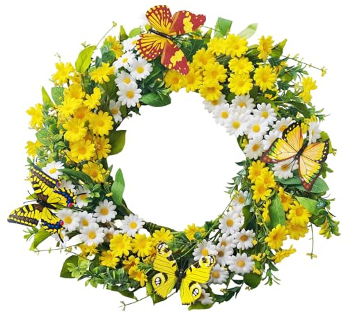 Spring Wreaths for Front Door Artificial Spring Summer Floral Wreath with White Yellow Daisy Green Leaves and Vivid Butterfly for Home Wall Window Farmhouse Indoor Outdoor Easter Decor