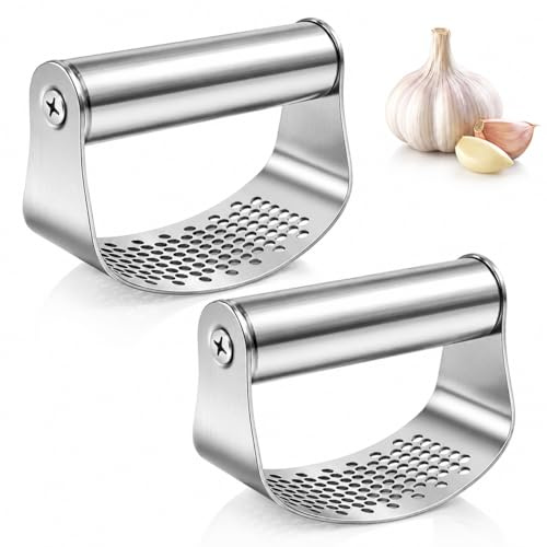 2PCS Garlic Press Garlic Crusher Kitchen Garlic Rocker, Kitchen Tool for Crushing and Mincing, 304 Food Grade Manual Garlic Crusher Press with Curved Rocking Design, Compact Garlic Mincer