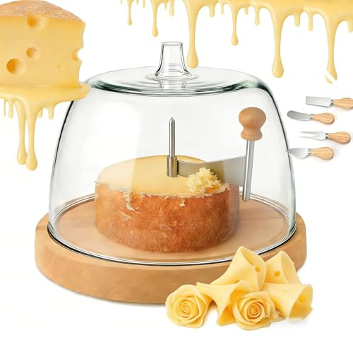 Cheese Curler Wheel with Lid, Cheese Curler for Cheese Flowers & Chocolate Shavings, Stainless Steel Blade with Wooden Base for Charcuterie & Desserts (B)
