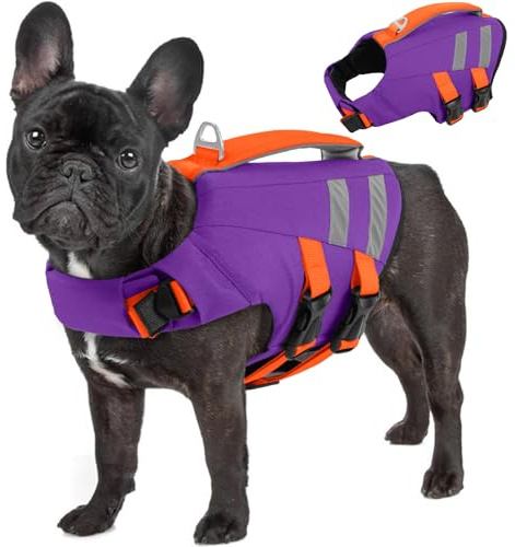 Lelepet Schwimmweste Hund Klein S, Verstellbar Hunde Rettungsweste mit Griff für Wassersport, Ripstop & Hoher Auftrieb Hundeschwimmweste Haustier Lebensretter mit Reflektorstreifen, Lila S