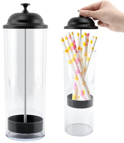 Straw Holder, Plastic Straws Dispenser Container for Counter with Lid, Drinking Straw Organizer Holds Stra-w up to 8.5 Inch, Kitchen Bar Party Use, Straws Not Include(Color:Black+Clear)