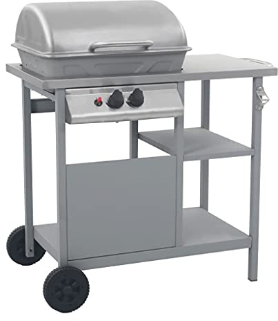 Ordellia Barbacoa de gas plateada con mesa auxiliar de 3 niveles, 2 quemadores, 5,5 kW, encendido piezoeléctrico, parrilla de 49 x 33 cm, 2 ruedas para terraza, jardín y camping