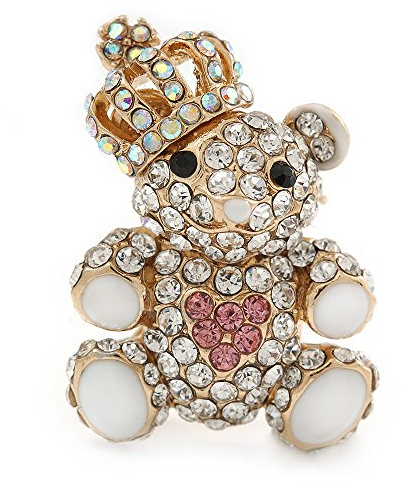 Petite broche en forme d'ours en peluche royale en cristal transparent doré – 35 mm de long, taille unique, Pas de type de métal, diamante