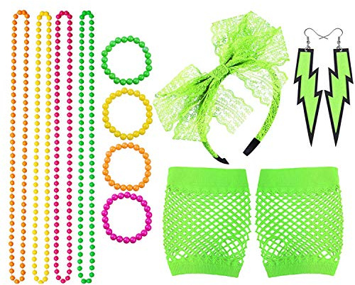 TOPWAYS® 1980s Partei Fancy Dress Zubehör Set, 80er Mädchen Frauen Night Out Party Kleid Perlen Neonhalsketten, Armbänder, Fishnet Netzhandschuhe(Grün)