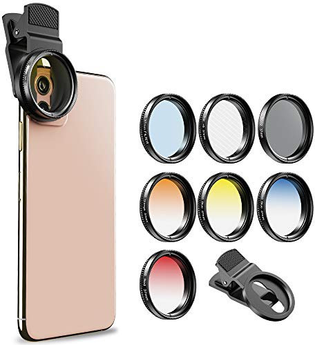 Apexel Otto in uno Kit di filtri per obiettivo per telefono cellulare con fotocamera da 37mm:4 colori graduati + polarizzatore CPL + filtro ND + clip compatibile con iPhone Samsung Smartphone