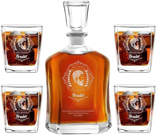 Maverton Whiskey Karaffe + 4 / 6er Whiskygläser Set mit Gravur - 700ml Whisky Dekanter - Geschenk zum Geburtstag für Männer - Bruder