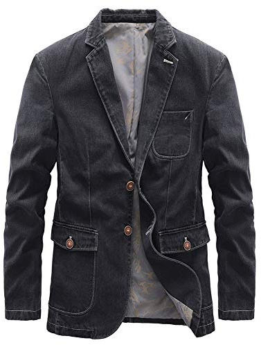 chouyatou Men's Notch Lapel Vintage Style Denim Suit Blazer Jacket Sport Coat (Medium, Black)
