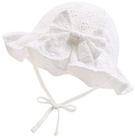 XIAOHAWANG Cappellino Estivo da Sole per Neonata Cappello da Pescatore Bowknot per Bambina Berretto Mare con Sottogola Regolabile(Bianco,3-6 Mesi)