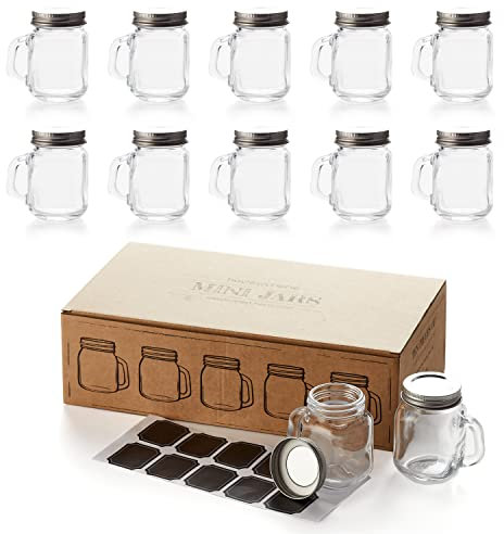 2.5oz Small Mason Jars with Stainless Steel Lids & Chalkboard Labels (10 pack) Leak Proof Mini Mason Jars with Handles, Glass Shot Glasses, Tiny Mason Jar Mugs for Gifts, Party Favors, Candy, Weddings