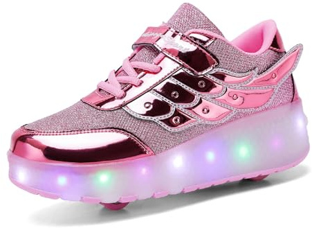 Aizeroth USB Ricarica LED Luci Brillantini Skateboard Scarpe Sportive con Rotelle Retrattile Sneakers Outdoor Multisport Luminose Running Calzature da Ginnastica per Bambini Ragazze e Ragazzi