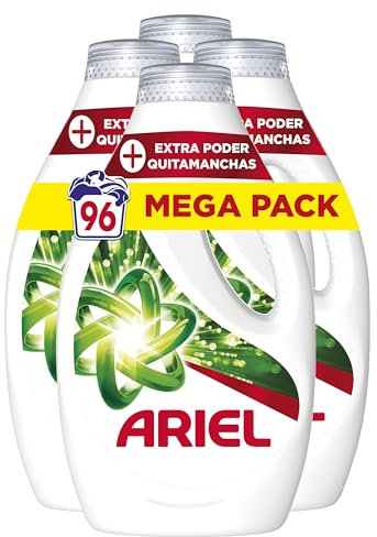Ariel Detergente Lavadora Liquido, 96 Lavados (4x24), Jabon Quitamanchas, Mas Poder Extra Quitamanchas, Limpieza Profunda