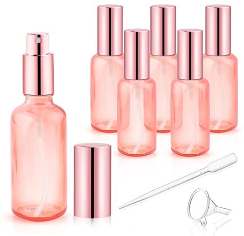 DMuuuDM Paquete de 6 botellas de vidrio rosa de 2 onzas, atomizador de niebla fina de perfume vacío, recipiente de líquido de viaje para colonia, aceites esenciales, aerosoles corporales
