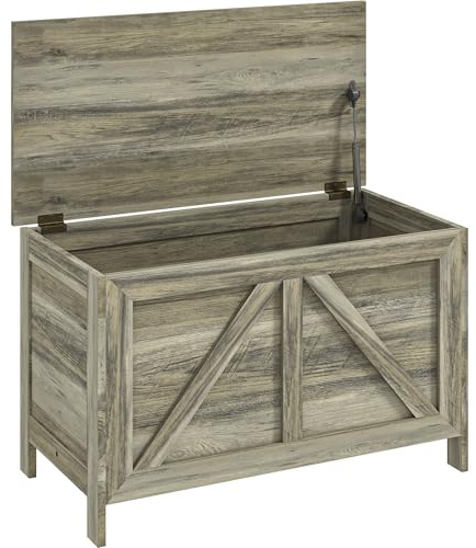 HOMCOM 30 Farmhouse Storage Bench, Lift Top Storage Chest with Safety Hinge to Open Up 100°, Wooden Trunk for Bedroom, Entryway, Living Room, Gray