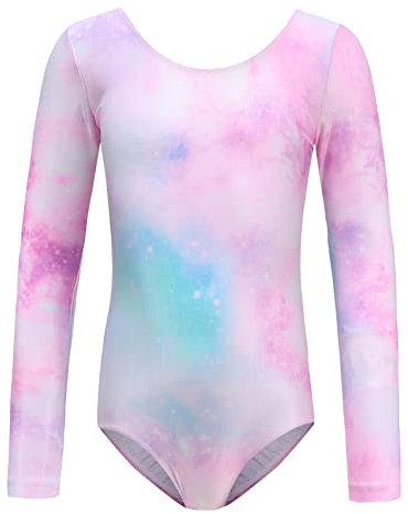 Odizli Turnanzug Mädchen Langarm Kinder U-Rücken Druck Gymnastikanzug Eiskunstlauf Ballett Trikot Body Leotard Tanzbody Ballettanzug Balletttrikot Ballerina Ballettkleidung Rosa 8-9 Jahre