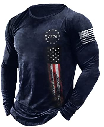 HARGLESMAN Men's Long Sleeve Tactical Patriotic T Shirt Tops Loose Fitting 1776 Flag Printed Sports Apparel Casual Tees for Tennis Paintball Activewear Clothes Navyblue XL