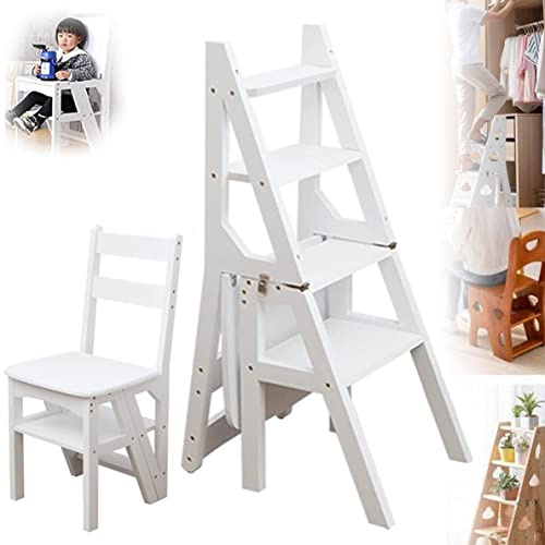 4 Step Ladder Chair Wooden Step Stool, Folding Fold Up Library Step Bookshelf Ladder Shelf Multifunction Stepladder Stairway Chair for Indoor Kitchen and Office,Weiß
