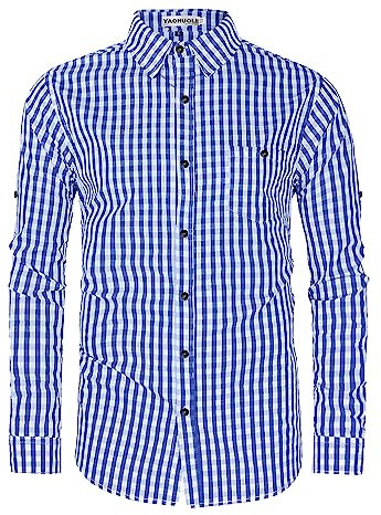 YAOHUOLE Men's Dark Blue Checked Long Sleeve Slim Fit Oktoberfest Shirt L