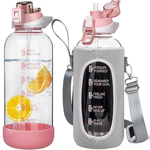 Seekua 2l Sport Trinkflasche Glas Flasche mit Strohhalm & Zeitmarkierung auslaufsicher bpa frei 2 liter Große Wasserflasche Motivation mit Schutzhülle für Smoothie, Früchte Kohlensäure geeignet