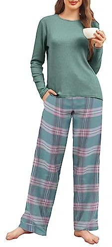 Famulily Schlafanzug für Damen Set Langarm Nachtwäsche Casual Loungewear Kordelzug Pyjamahose für Damen S-2XL