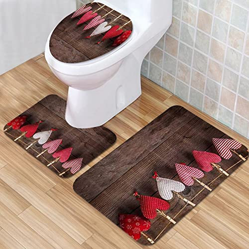 IUBBKI Badezimmermatte, rutschfeste Matte, Gingham Love Hearts natürliche Kordel zum Aufhängen auf rustikalem Holz, Badematten-Set, 3-teilig, saugfähig, rutschfest, Badematte, WC-Vorleger, Badteppich