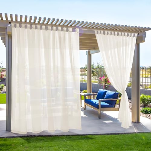 Deconovo Outdoor Sheer Curtains for Patio, Waterproof Voile Curtain Panels, Light Filtering Privacy Drapes for Gazebo Porch Balcony, Indoor Outdoor Use, Back Tab（Beige, 100x96Inch, 2 Panels)