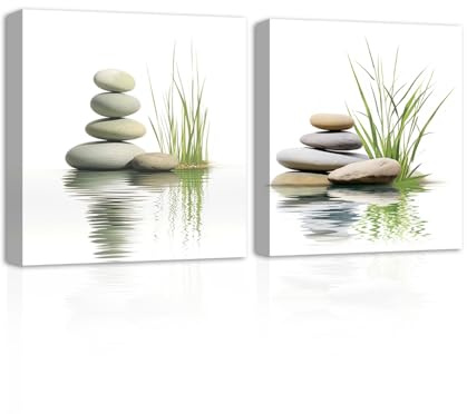 CXHOSTENT Zen Wall Art 2 Piece Zen Stone with Aquatic Pictures Photo Prints on Canvas Bathroom Artwork for Office Yoga Zen Room Decor Framed (Zen-2, 30.00 x 30.00 cms x 2PCS)