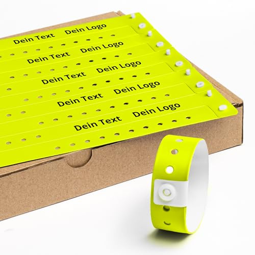 Personalisierbar Einlassbänder Vinyl 100 Stück - 19x255 mm Neongelb | Events und Party Eintrittsbänder mit Personalisierten Text/Logo - Wasserdicht Festival Armbänder - Club Bänder