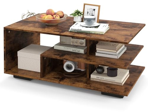 COSTWAY 3-Tier Coffee Table, Wooden Geometric Cocktail Center Table with Storage Shelves and Reinforced Feet, Industrial/Modern Accent Sofa Side Tea Table for Living Room Bedroom (Rustic Brown)