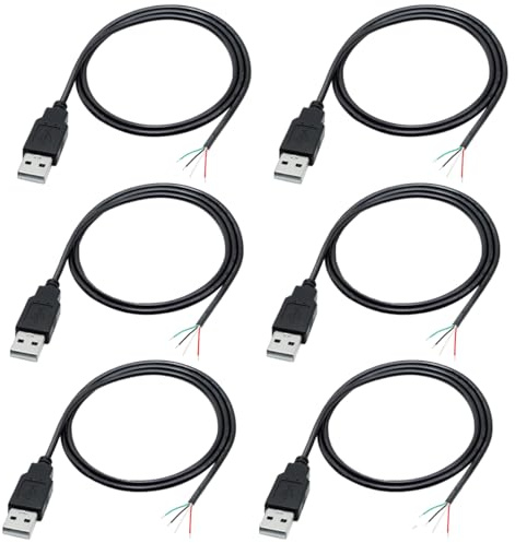 Greluma USB-Stecker für Pigtail, 6 Stück, 4-adrig, 22 AWG, 4-adriges USB-2.0-Kabel mit 4-poligem offenem Ende und 12-V-USB-Stecker