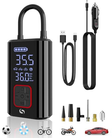 SERVOMASTER Gonfleur Électrique, Compresseur à Air Portatif Rechargeabilité, Mini Compresseur Accessoires Voiture 150PSI avec Manomètre et Lumière d'urgence pour Voitures, Motos, Vélos et Boules