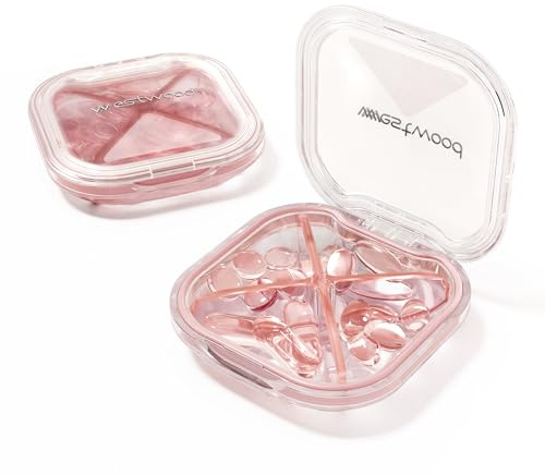 HyJeryty 4-Compartment Pill Organizer, Small Pink Portable Pill Case for Daily Vitamins, Supplements & Medication, Travel-Friendly Compact Design, Stylish Cute Medicine Pill Box Pill Holder