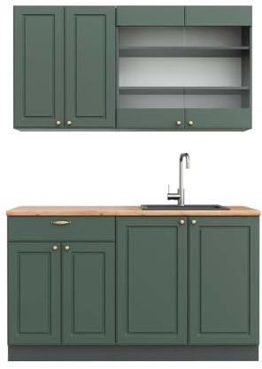 Vicco Singleküche Fame-Line, Grün-Gold Landhaus/Anthrazit, 140 cm | 4 Module · Höhenverstellbare Füße · AP Eiche inkl. · MDF-Fronten · Softclose · Metallgriffe