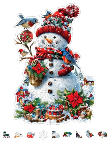 GLOBLELAND 200Pcs Christmas Snowman Wooden Jigsaw Puzzles for Adults 38.1x25.8cm/15x10inch Colorful Christmas Tree Wood Puzzles for Christmas Anniversary Birthday Gift