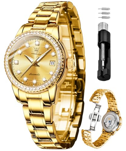 OLEVS Gold-schwarz Diamant Frauen Uhr Automatische Mechanische Luxus Kleid Klassische Edelstahl Armband Damen Uhr