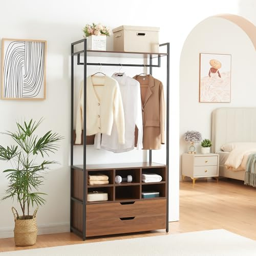 [en.casa] Organizzatore Guardaroba Stand Porta Abiti con Barra Appendiabiti Ripiani Cassetti e Scomparti Mobile Porta Vestiti per Cabina Armadio 180x80x40 cm Nero/Effetto Noce