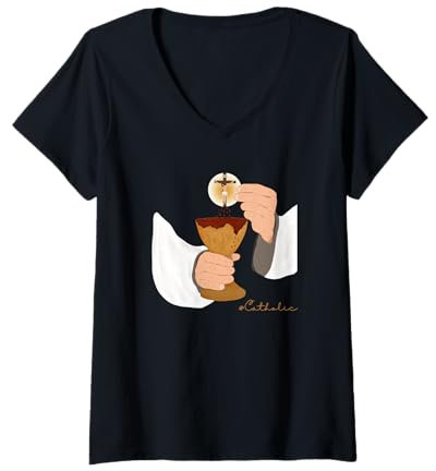 Femme Prêtre tenant calice et eucharistie avec Jésus-Christ T-Shirt avec Col en V
