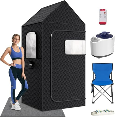 MQFORU Portable Steam Sauna, 195 x 90 x 90 CM XL Home Sauna with 3L & 1200W Steamer, Remote Control, Folding Chair, Mat, Foot Massager, Black