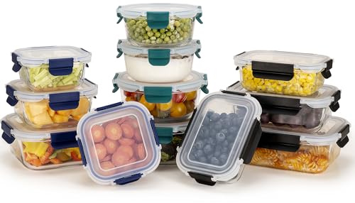 HOUSZY Glass Food Containers with Lids,12 Pack, Black, Blue, Green | Borosilicate, leakproof, oven, microwave, freezer and dishwasher safe. Meal prep storage.