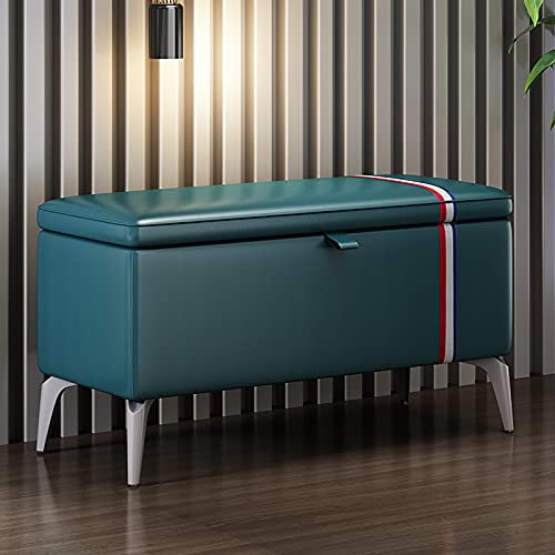 Panca ottomana moderna in pelle blu scuro con seduta imbottita, panca multifunzione per scarpe e baule portaoggetti in legno massello rettangolare panca da ingresso 70 x 35 x 45 cm